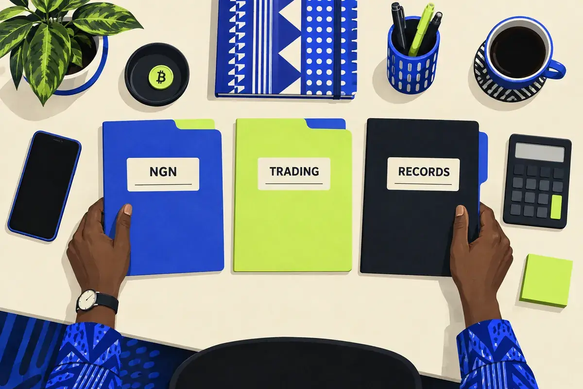 An overhead desk illustration separates NGN spending funds, trading funds and transaction records into three labelled folders.