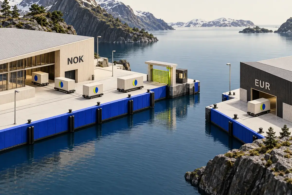 A Norwegian quayside model with NOK cargo and a separate EUR dock connected through an access gate