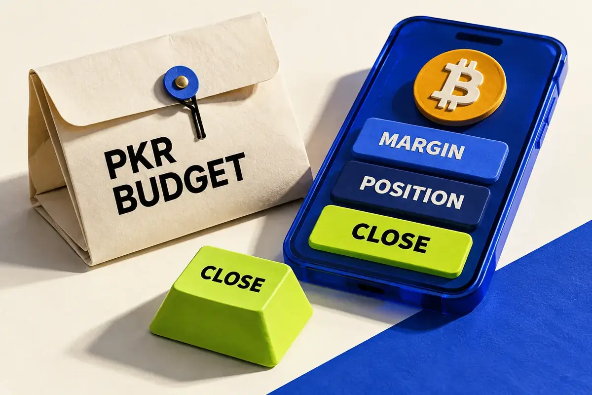 A rupee budget sleeve beside a phone labelled margin, position and close, highlighting control of an existing crypto trade