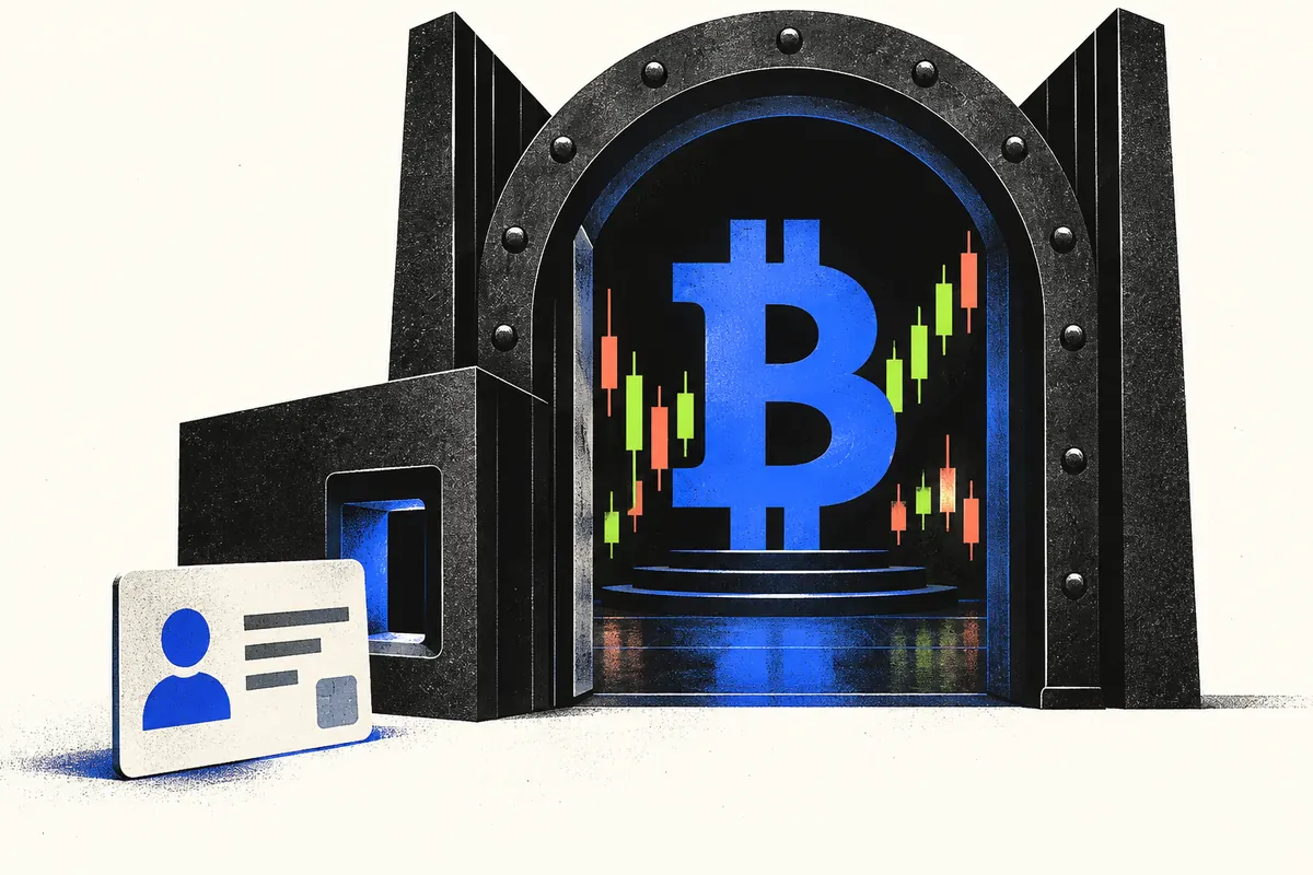An identity card beside a Bitcoin futures vault, illustrating that identification and permission to trade are separate checks.