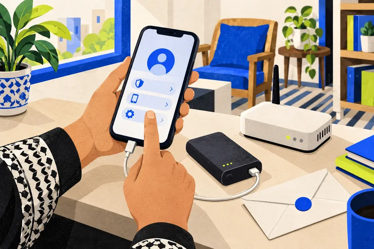 Phone, power bank, router and account recovery envelope arranged on a home desk
