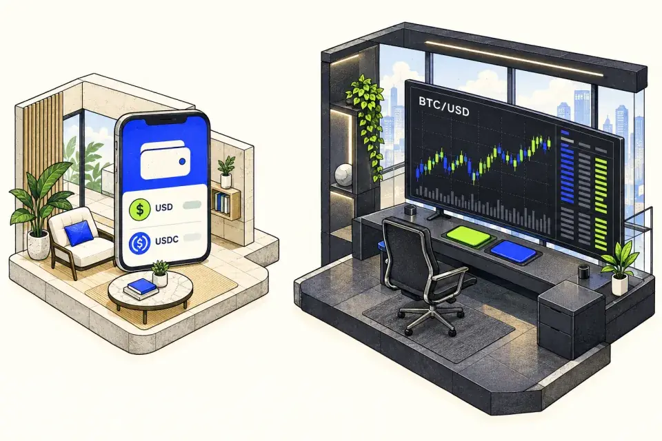 Two separate spaces show a USD and USDC banking wallet beside a BTC/USD trading terminal, with a visible gap between them.