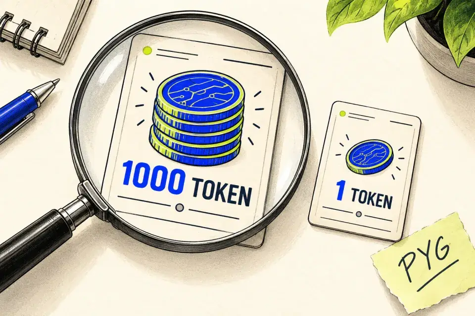 A magnifying glass highlights two differently sized contract units, labelled 1000 TOKEN and 1 TOKEN, beside a PYG budget note.