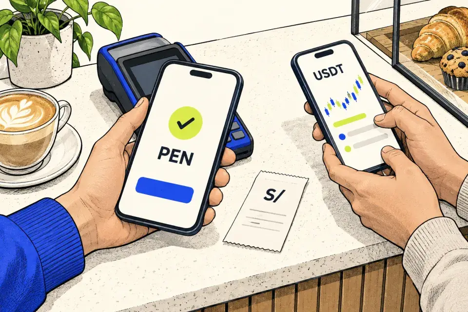 Two phones on a contemporary counter show a PEN payment confirmation and a separate USDT trading position, beside a receipt marked S/.