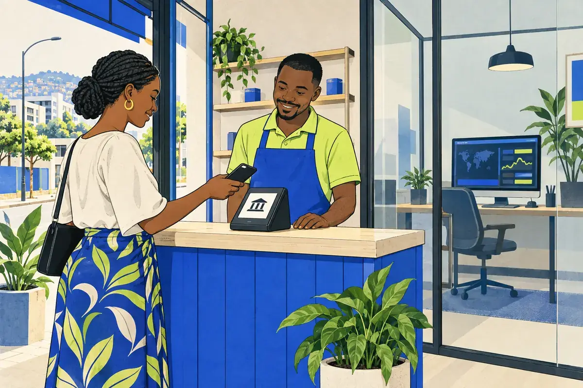 A local phone payment at a shop counter is separated by glass from an online trading screen.
