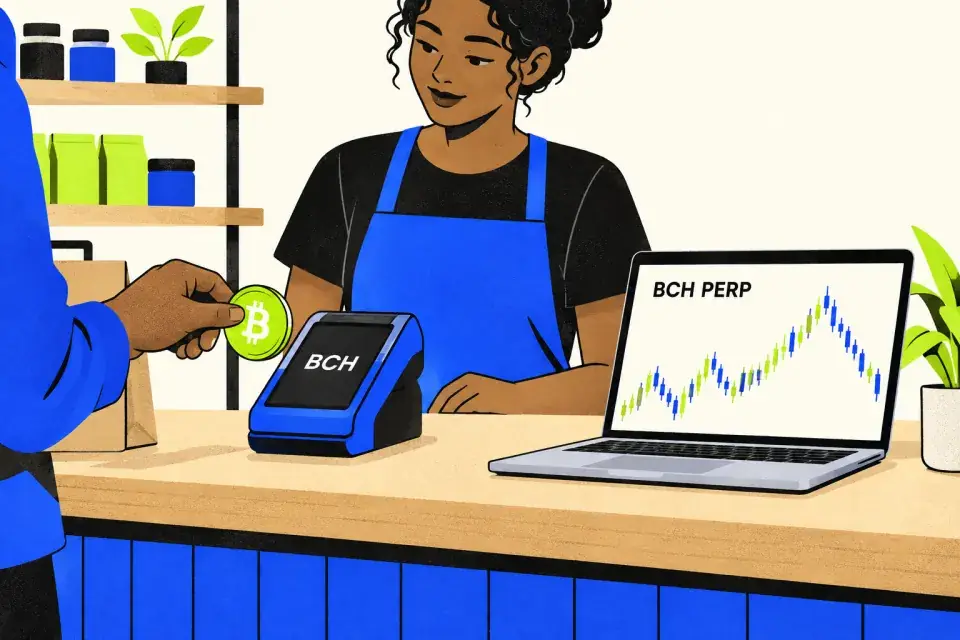 A shop’s BCH payment terminal stands separately from a laptop displaying a BCH perpetual trade.