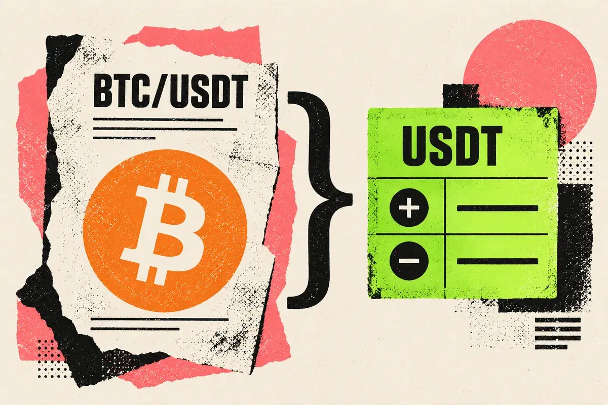 A torn BTC/USDT contract beside a USDT ledger showing both positive and negative entries.
