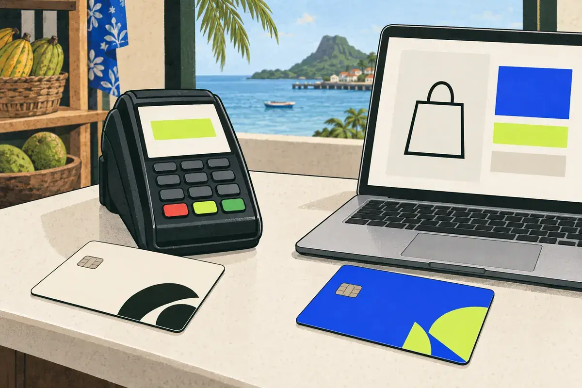 Two unbranded cards sit beside a local payment terminal and an online checkout laptop in a coastal setting.