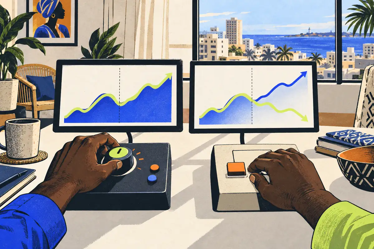 Editorial scene in Dakar contrasting personal trading controls with following another trader whose results can diverge.