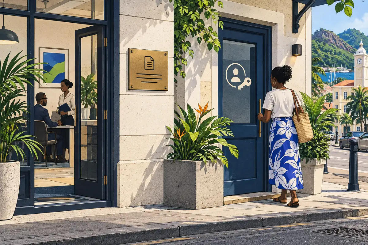Editorial cutaway in Victoria showing a company registration plaque and a separate entrance for a resident applying for an account.