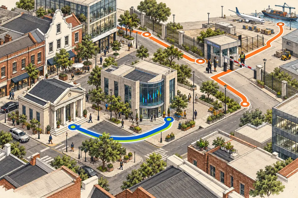 Two illustrated routes through a South African financial district, one domestic and one passing an overseas-transfer checkpoint