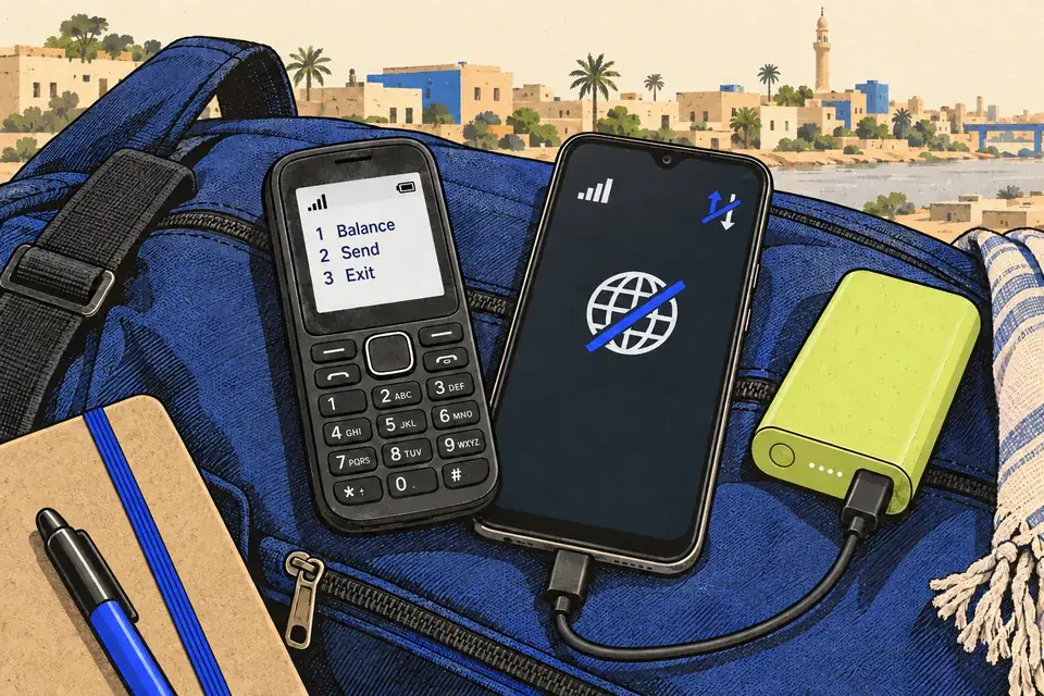 A basic handset with a USSD menu beside an internet-disconnected smartphone and a power bank.