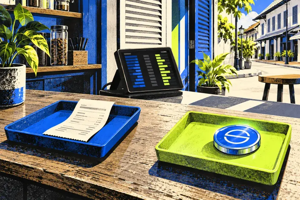A local payment receipt and a crypto token occupy separate trays beside a futures device.