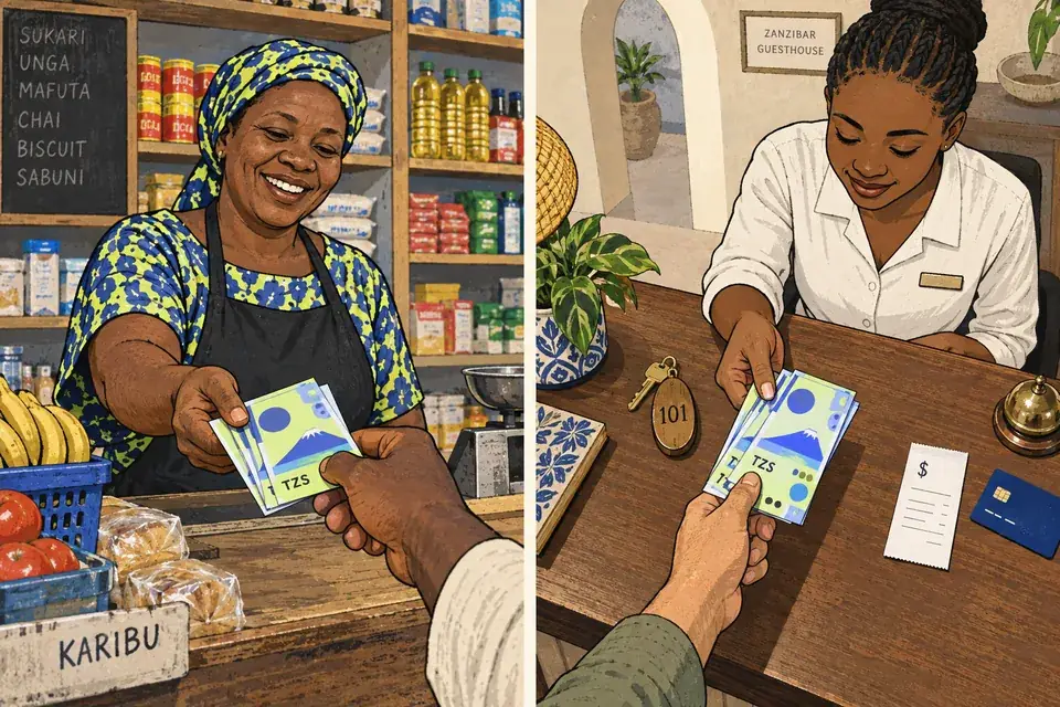 A mainland Tanzanian shop and a Zanzibar guesthouse both receive illustrated TZS notes, with a separate tourist card receipt