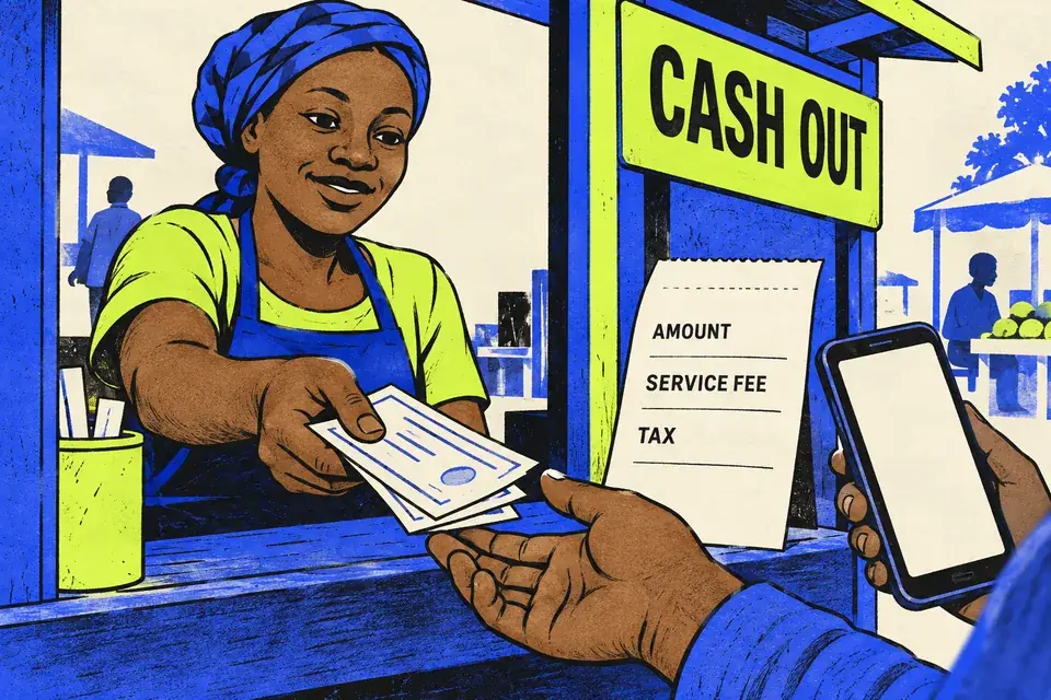 A cash-out receipt at a mobile-money kiosk separates the amount, service fee and tax