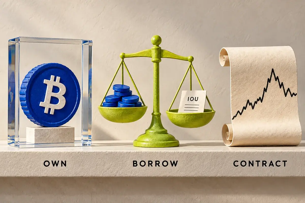 Three different physical objects represent a crypto holding, a borrowed balance and a price contract, arranged separately on an ivory background.