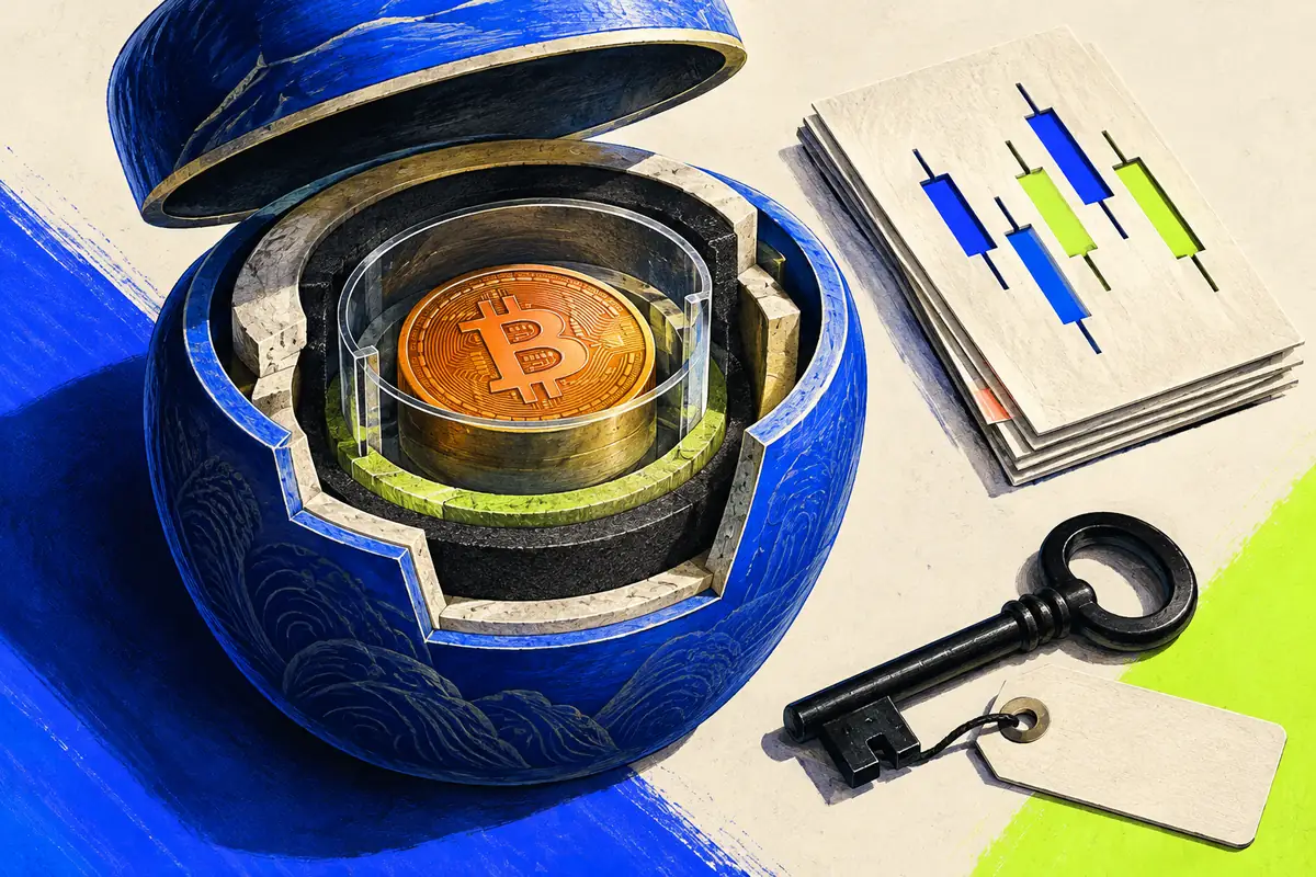 A cutaway container exposes a Bitcoin collateral token and a separate key beside crypto trade slips, focusing on who controls the deposited asset.