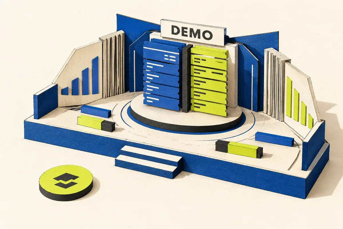 A paper-built crypto order book on a small stage marked DEMO, with practice tickets instead of real funds