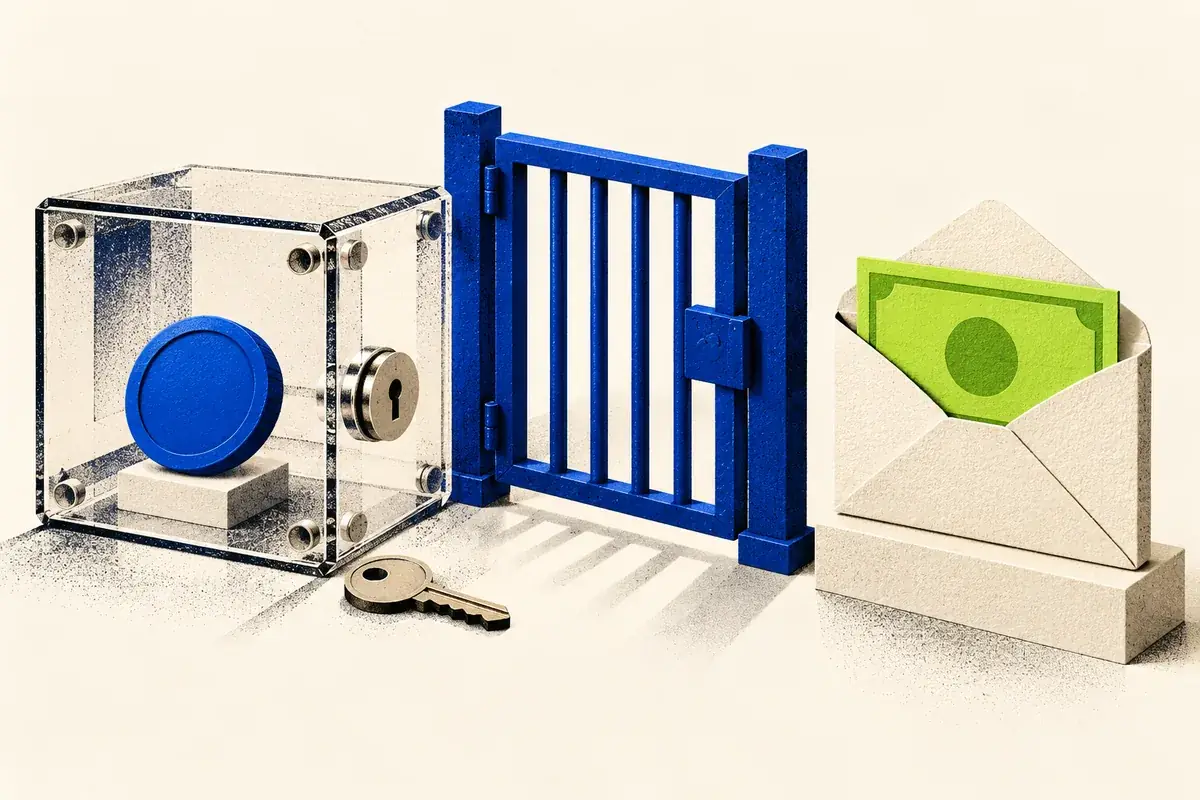 A token in a transparent vault and a cash envelope separated by a closed gate, with a key belonging to the vault