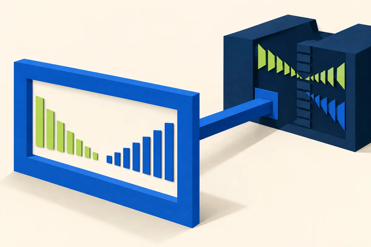 Blue paper-built trading console joined by one bridge to a separate dark matching-engine structure, distinguishing the customer interface from execution infrastructure