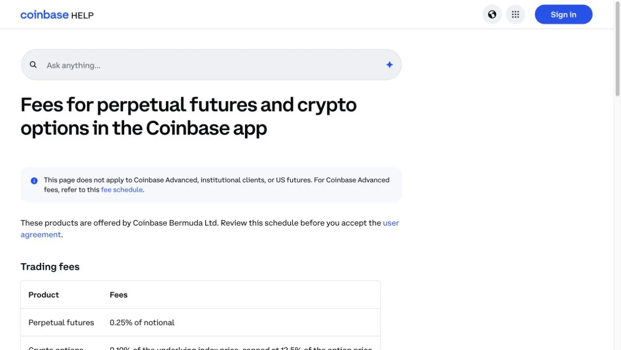Coinbase derivatives fees help page specifying the simple mobile app and 0.25 percent perpetual opening and closing fees