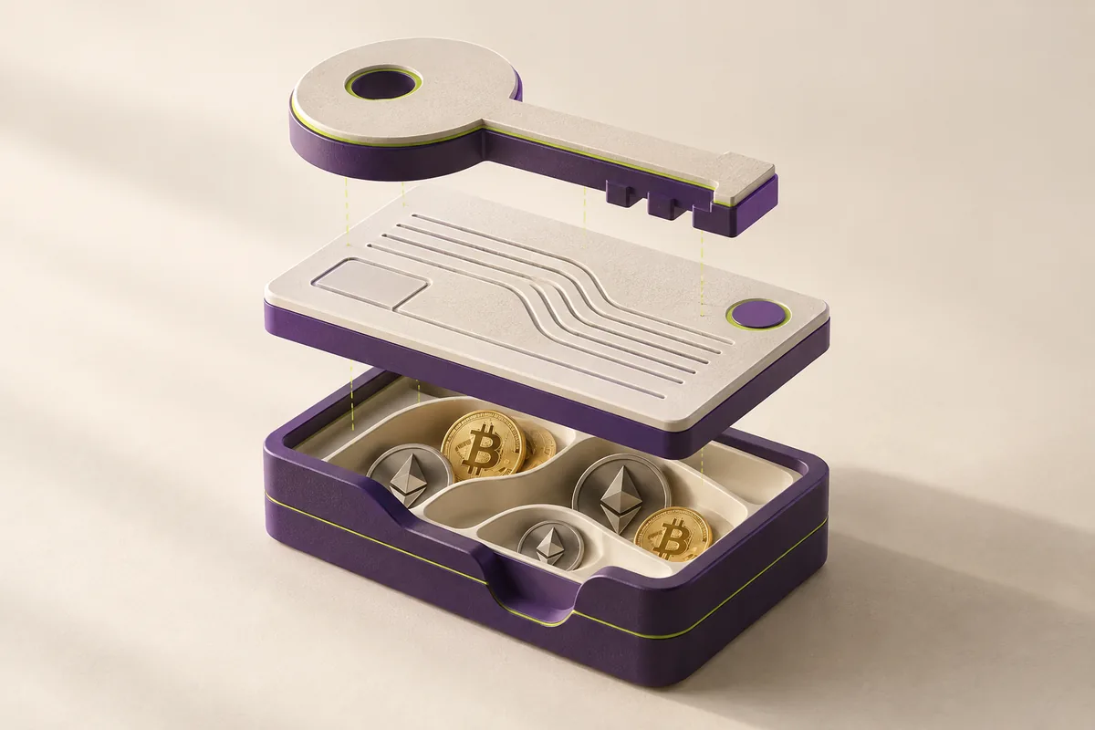 Exploded purple crypto futures assembly showing a regional access key, a contract layer and separate Bitcoin and Ether collateral pieces