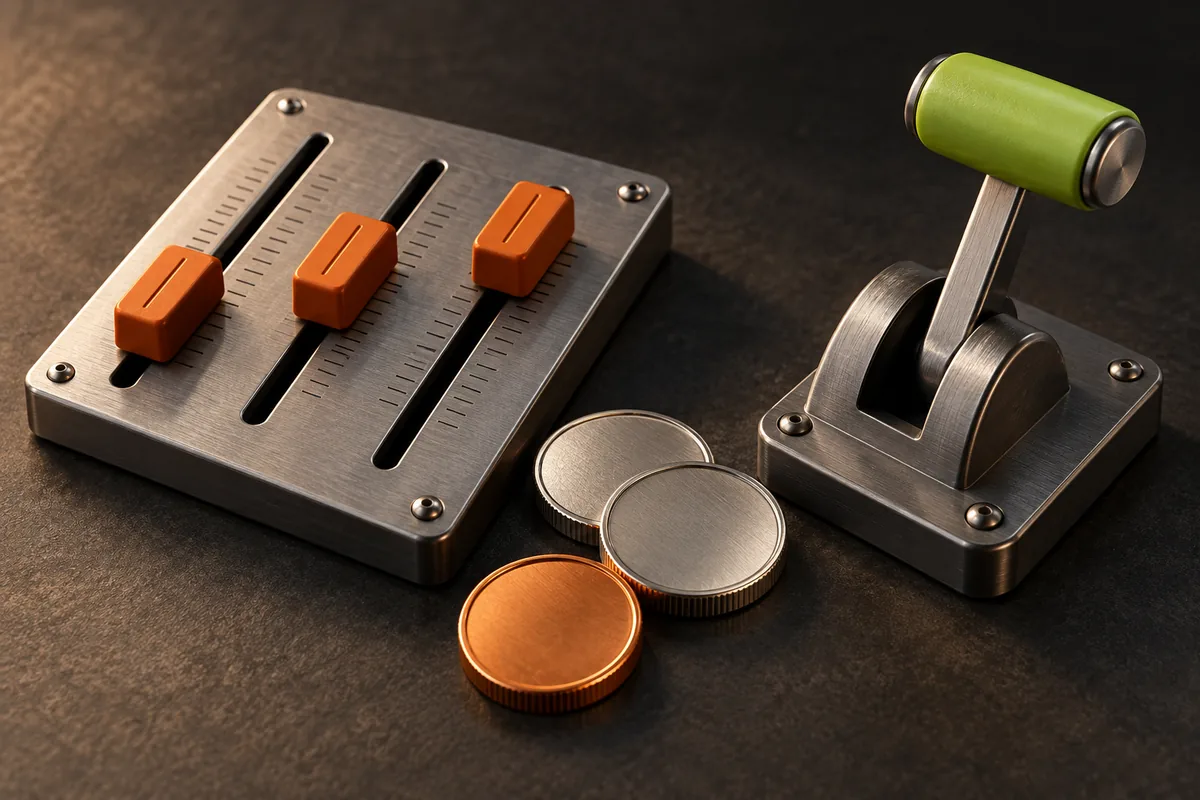 Orange precision sliders beside a single lime lever and metallic discs, illustrating the choice between detailed Aster order controls and simplified execution