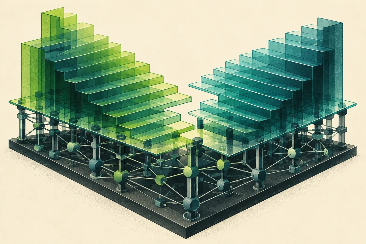 Translucent teal bid and ask terraces above an exposed network foundation, illustrating Hyperliquid’s visible order-book structure