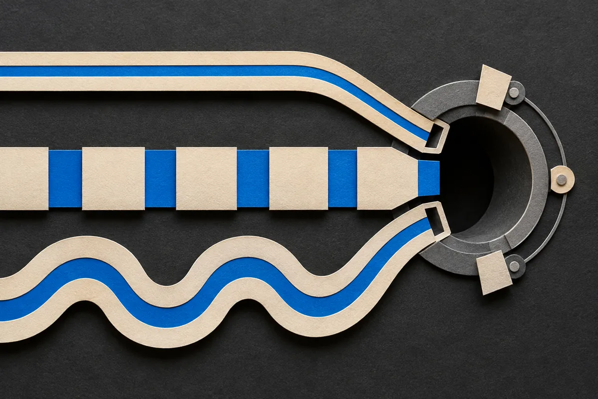 Three cream and blue paper lanes converging on one circular matching aperture, representing Lighter’s different account entry conditions