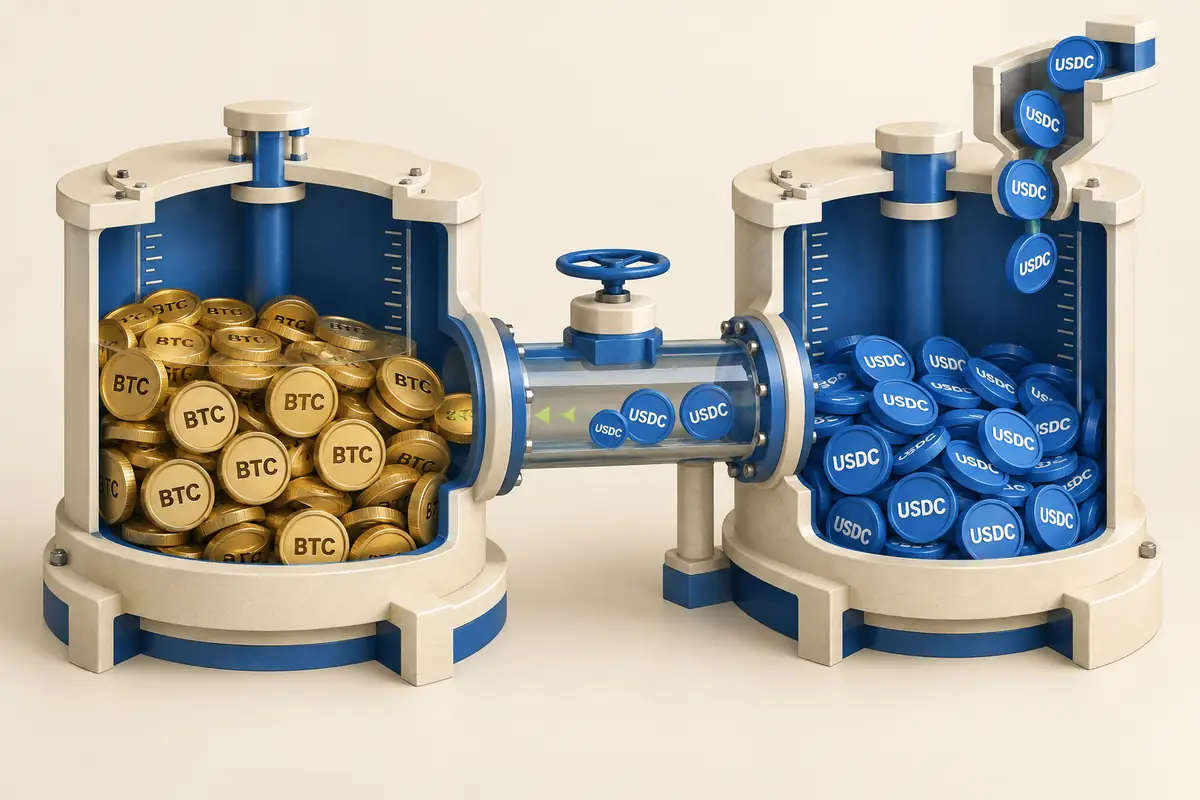 BTC and USDC occupy connected liquidity chambers, with additional USDC entering one side.