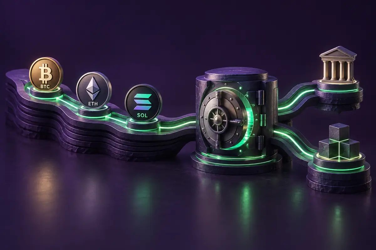 BTC, ETH and SOL symbols feed a central vault along illuminated paths in Solana colors.