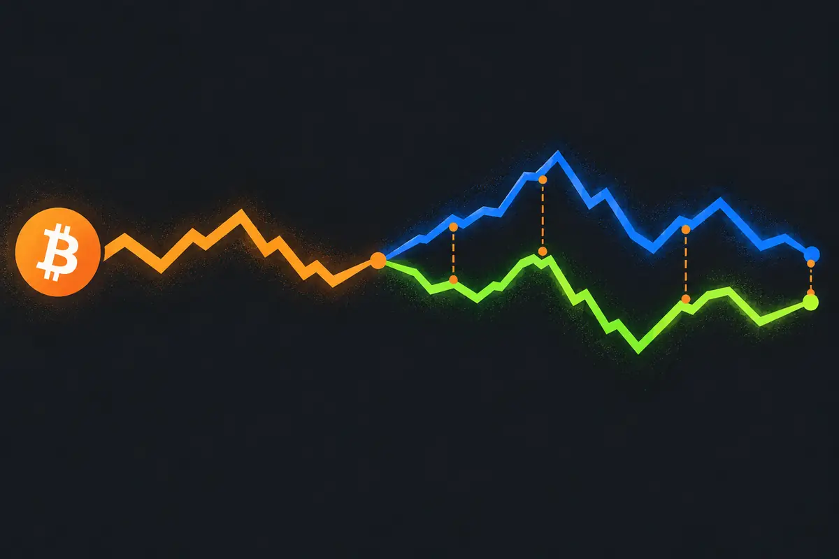 A Bitcoin signal splits into blue and green execution paths with different outcomes at marked points.