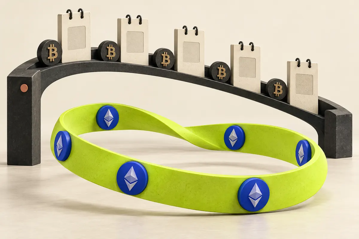 A finite sequence of BTC expiry cards beside a continuous ETH perpetual loop, illustrating contracts with and without a maturity date.