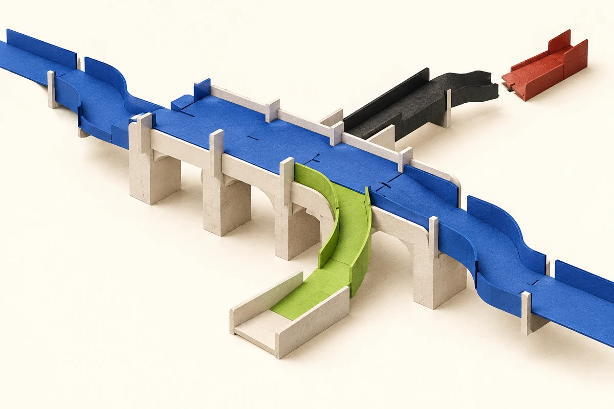 A continuous trading bridge with a separate funding entrance and a disconnected retired-service branch