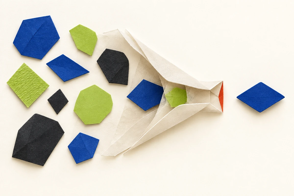 Different collateral shapes passing through a narrowing paper aperture toward a single settlement unit