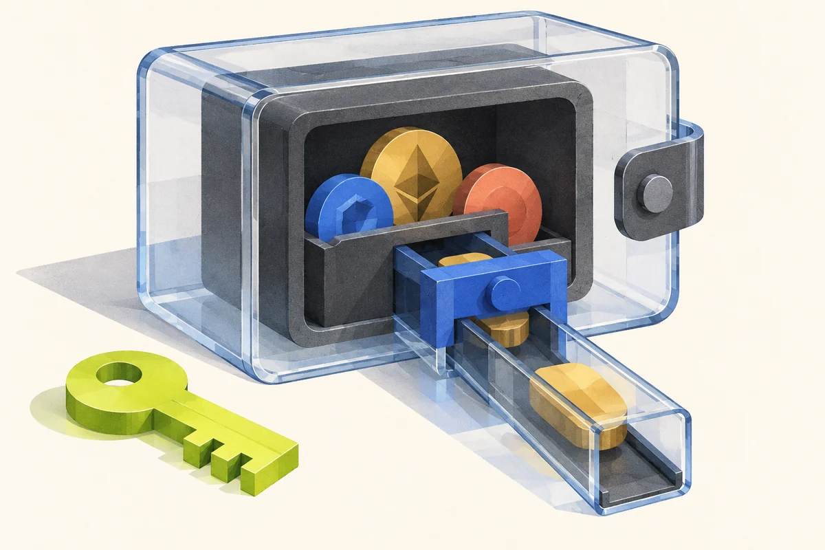 Cutaway illustration of a crypto wallet and withdrawal channel, with a separate key and access checkpoint