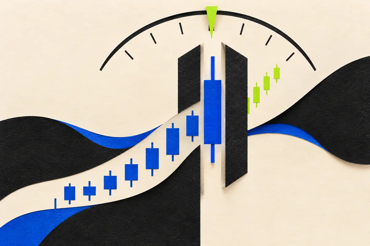 A crypto candlestick passing through a narrow exit under a timing arc