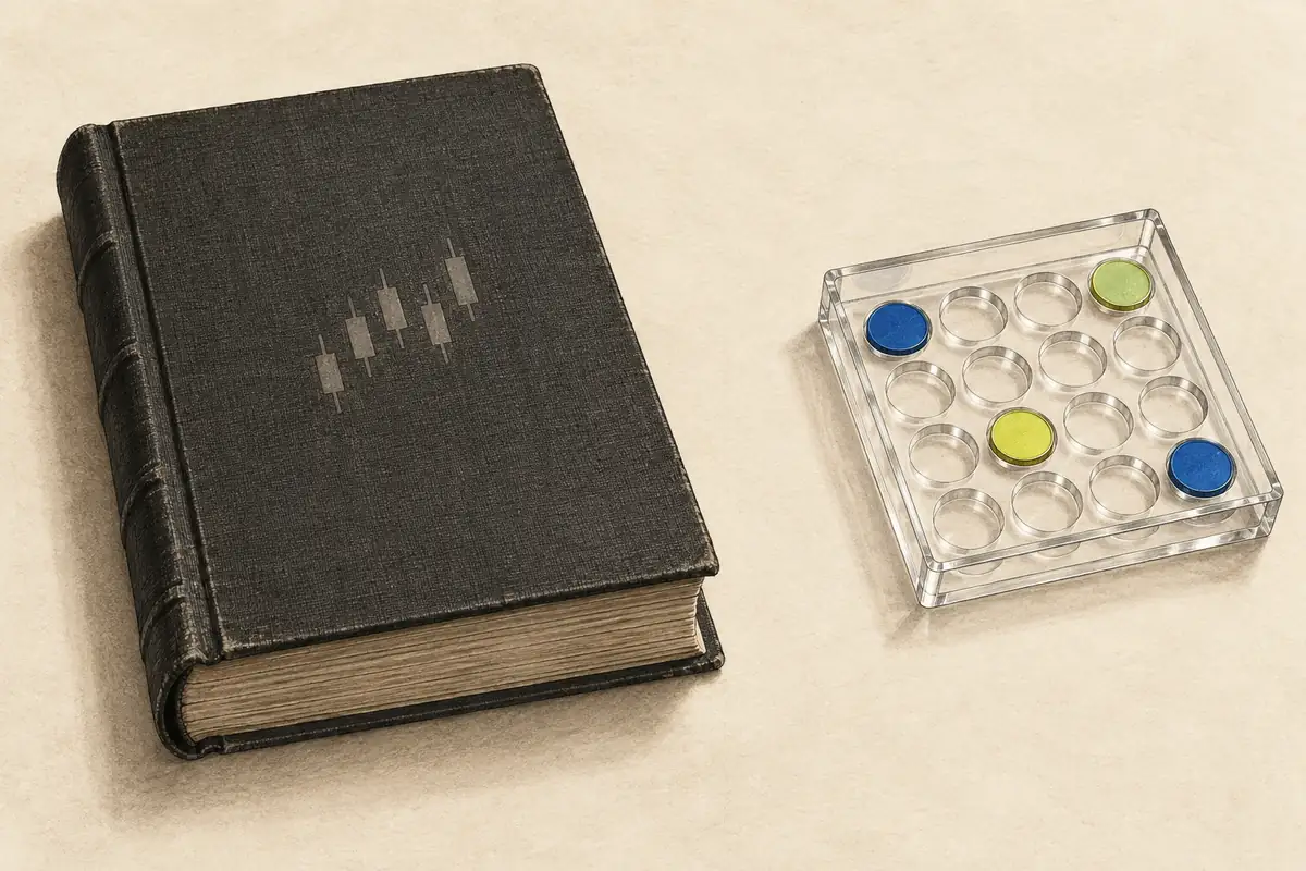 A closed trading ledger beside a separate, partially filled recovery tray