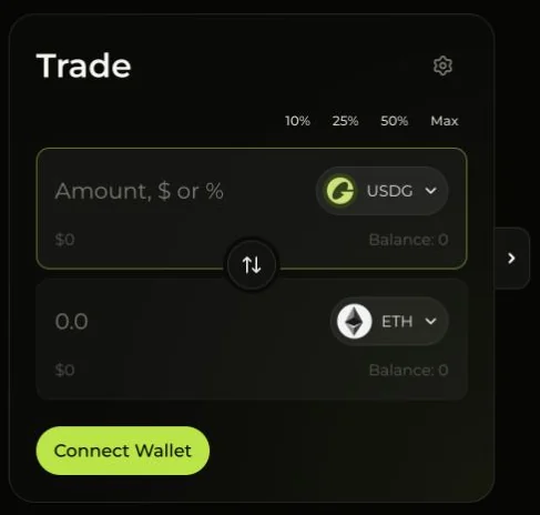 Orvex unsigned swap screen with USDG input and ETH output, without a leverage selector
