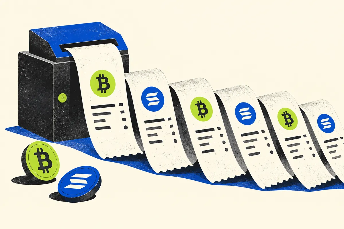 A continuous receipt records repeated BTC and SOL executions, showing how trading commission accumulates with turnover.