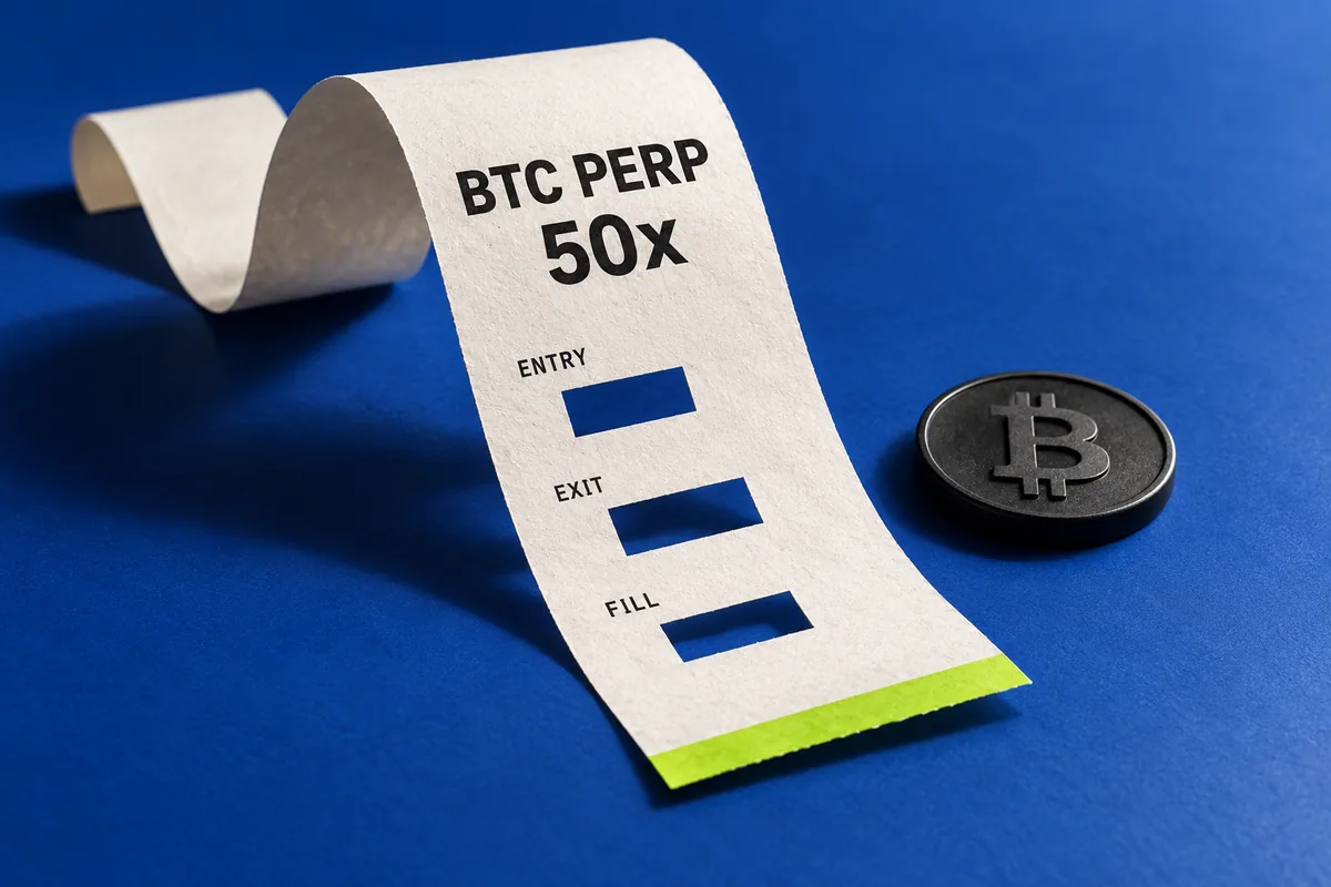 BTC 50x receipt with separate entry, exit and execution-cost cutouts