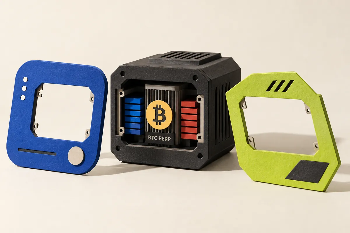 Two interchangeable frontend covers beside one Bitcoin perpetual matching engine