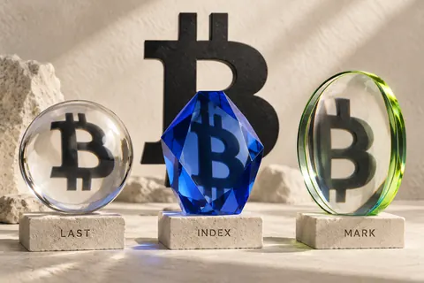 Three optical lenses labeled Last, Index and Mark show different views of one Bitcoin symbol, illustrating distinct price references for one futures market