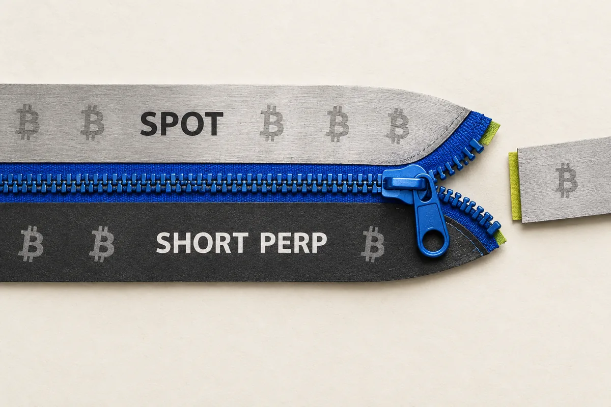 Matched spot Bitcoin and short perpetual exposures joined by a zipper, leaving a small unpaired piece