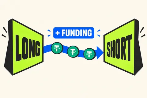 Long and short position placards connected by a transfer of USDT tokens in a positive funding example