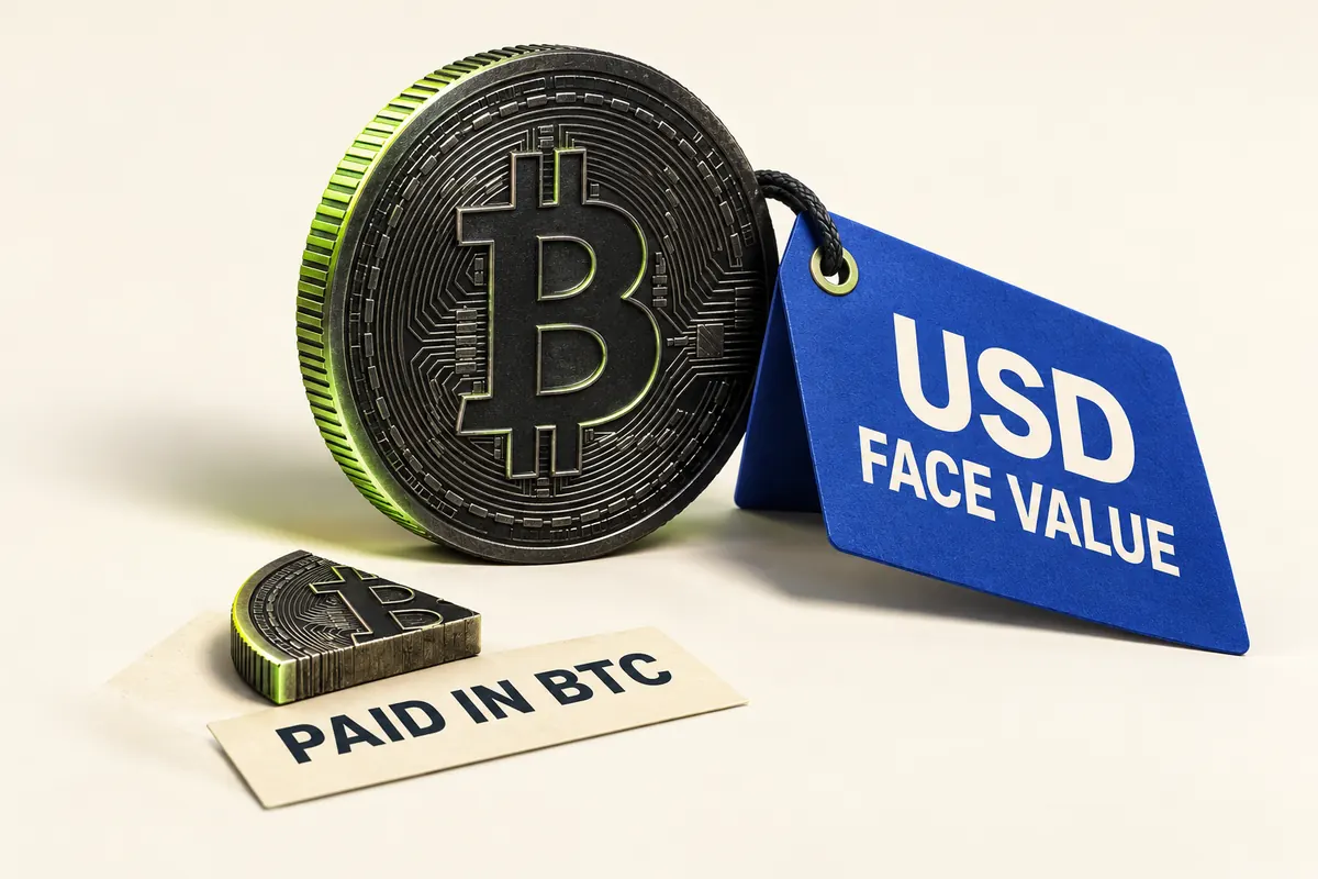 A Bitcoin coin with a USD face value tag and a smaller Bitcoin piece labeled Paid in BTC, distinguishing quote value from settlement currency