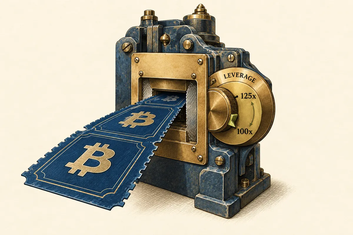 A Bitcoin futures ticket passes toward a mechanical aperture with 125x and 100x settings, illustrating how leverage constrains permitted position size
