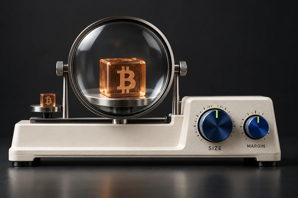 An optical Bitcoin magnifier with separate size and margin dials illustrates the two ways exposure can be leveraged
