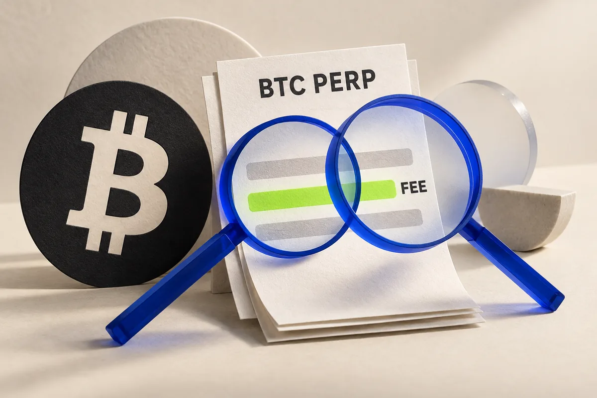 Two magnifying glasses highlighting the same fee line on a BTC perpetual receipt