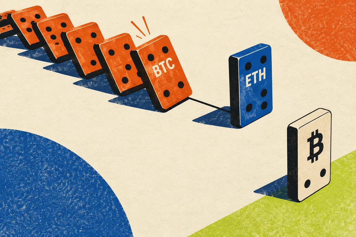 Connected BTC and ETH dominoes show how shared collateral links positions, while a separated Bitcoin tile stays outside that chain